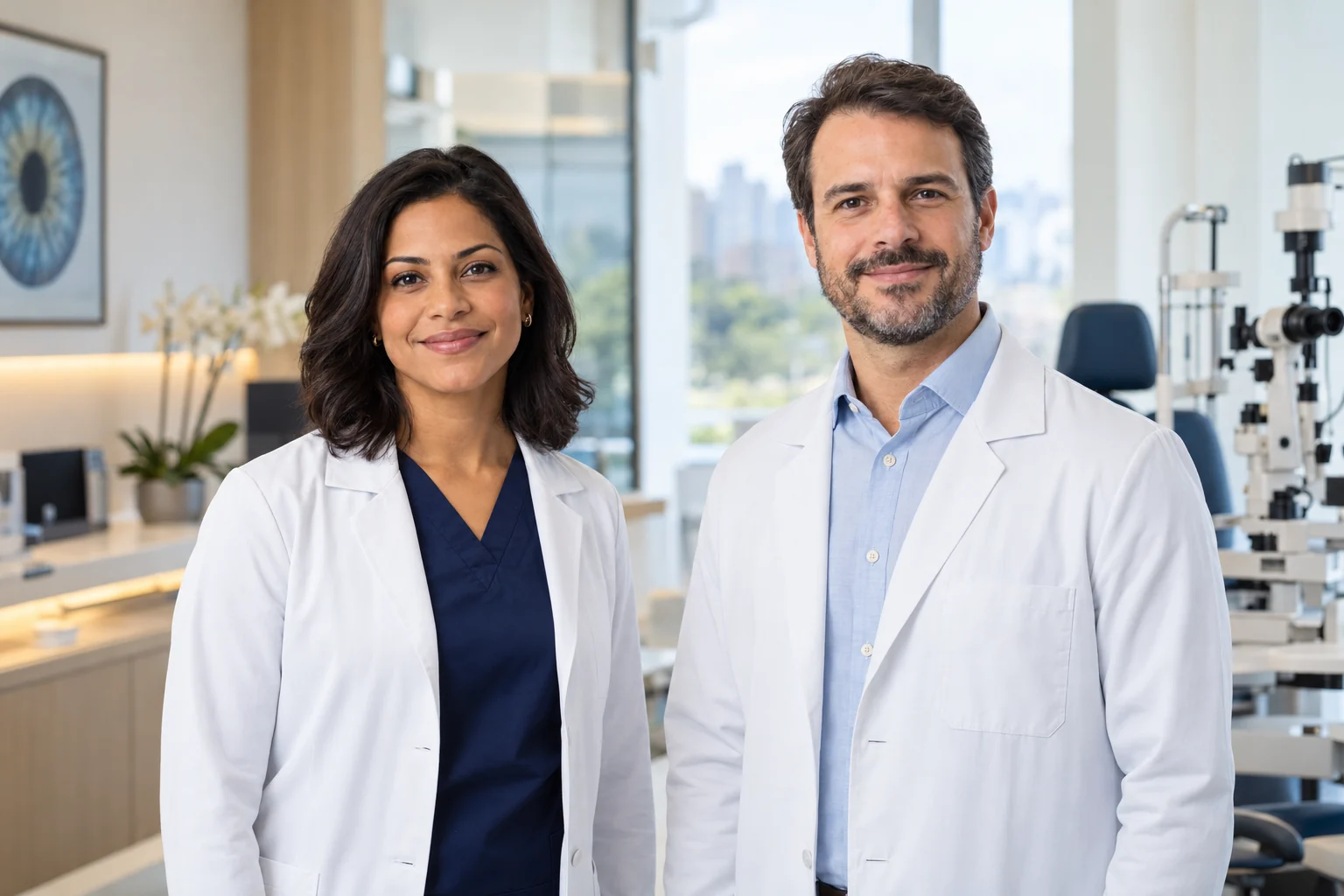 Dois médicos olhando para a câmera em uma clínica oftalmológica